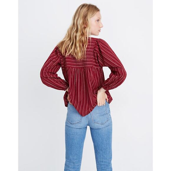Madewell Small S Red Swingy Peasant Top in Metallic Stripe VNeck Cotton Billowy - Picture 9 of 10